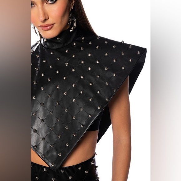 Faux Leather Stud Mock Neck Triangle Blouse & HBIC FAUX LEATHER SPIKE Shorts - Picture 6 of 15